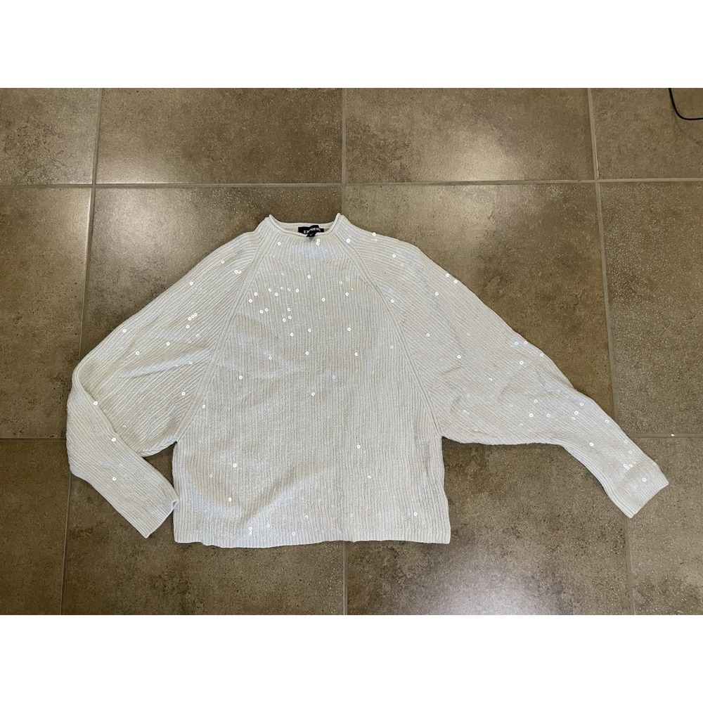 Express Women's Sz XS Cream Sequin Ribbed Crew Sweater Oversized